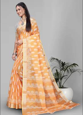 yellow  linen cotton  digital print saree (yellow) 3
