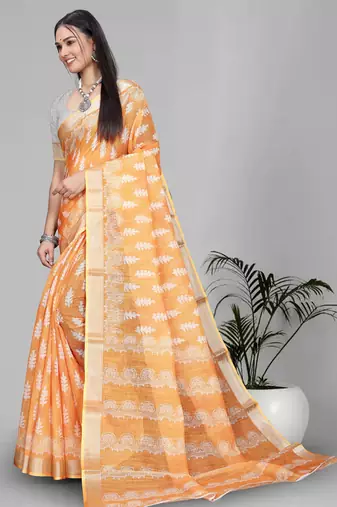 yellow  linen cotton  digital print saree (yellow)