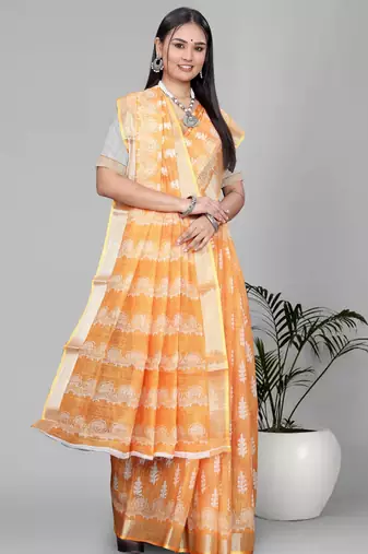 yellow  linen cotton  digital print saree (yellow)