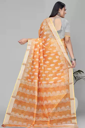yellow  linen cotton  digital print saree (yellow)