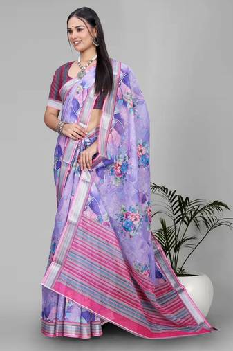 purple floral linen cotton digital print saree (purple)