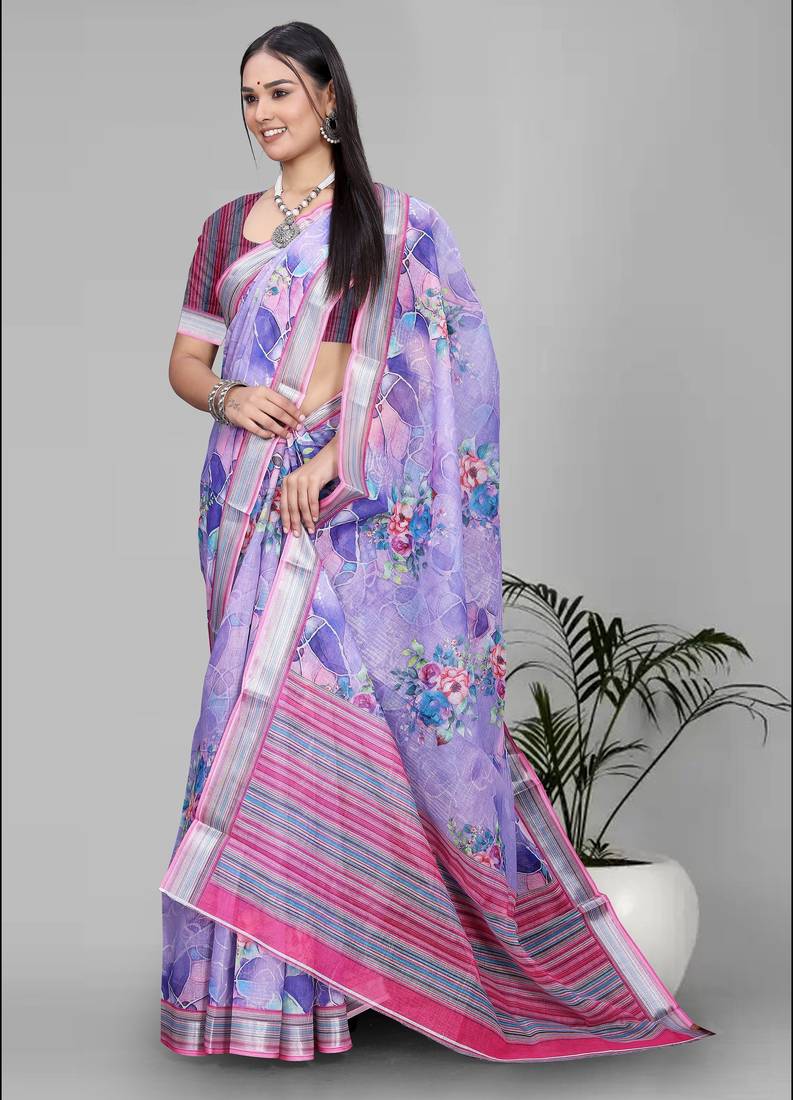 purple floral linen cotton digital print saree (purple)