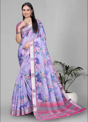 purple floral linen cotton digital print saree (purple) 3