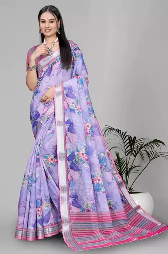 purple floral linen cotton digital print saree (purple)
