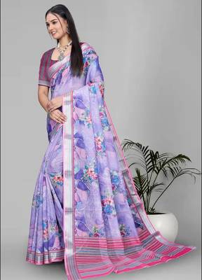 purple floral linen cotton digital print saree (purple) 4