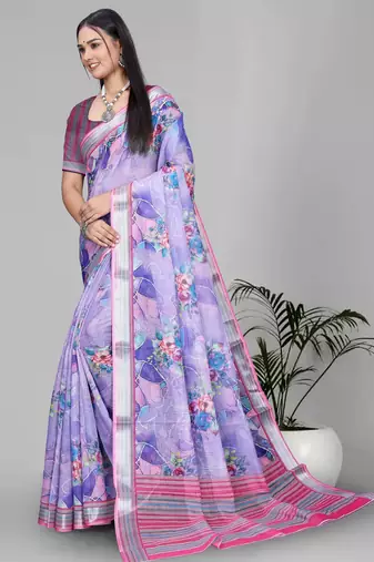 purple floral linen cotton digital print saree (purple)