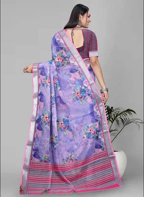purple floral linen cotton digital print saree (purple) 5