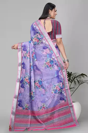 purple floral linen cotton digital print saree (purple)