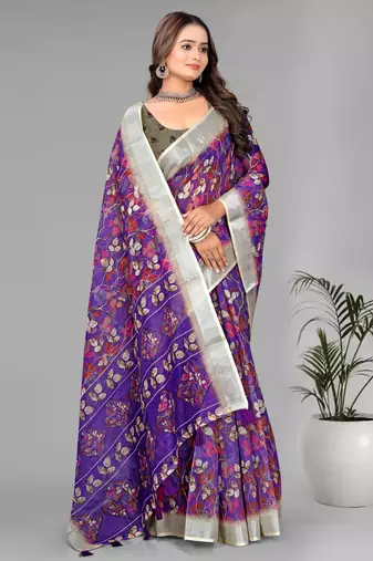 purple floral linen cotton digital print saree (purple)