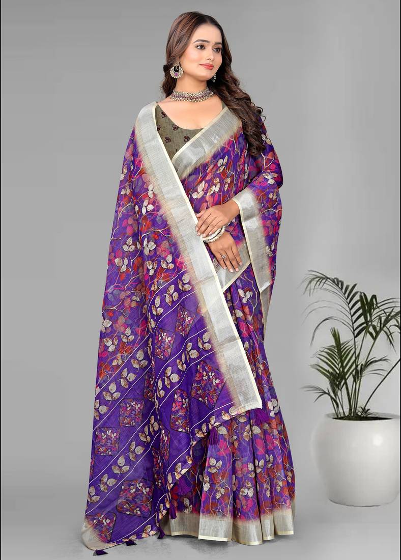 purple floral linen cotton digital print saree (purple)
