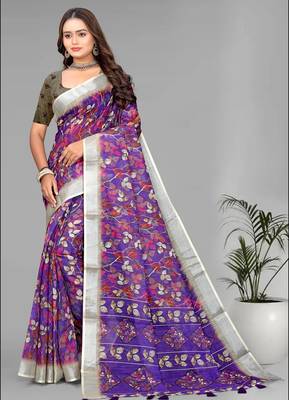 purple floral linen cotton digital print saree (purple) 3