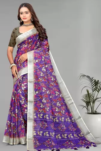 purple floral linen cotton digital print saree (purple)