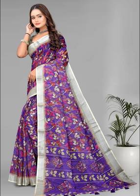 purple floral linen cotton digital print saree (purple) 4