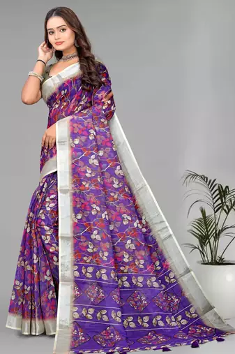 purple floral linen cotton digital print saree (purple)