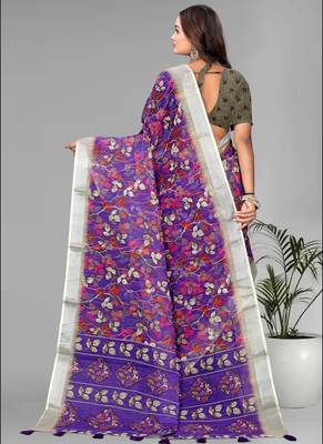 purple floral linen cotton digital print saree (purple) 5