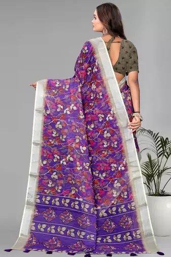 purple floral linen cotton digital print saree (purple)