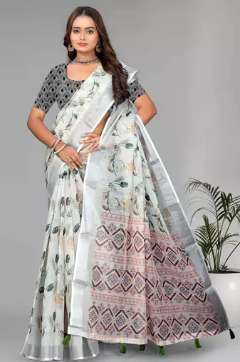 off white  linen  digital print saree (white)