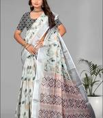 off white  linen  digital print saree (white)