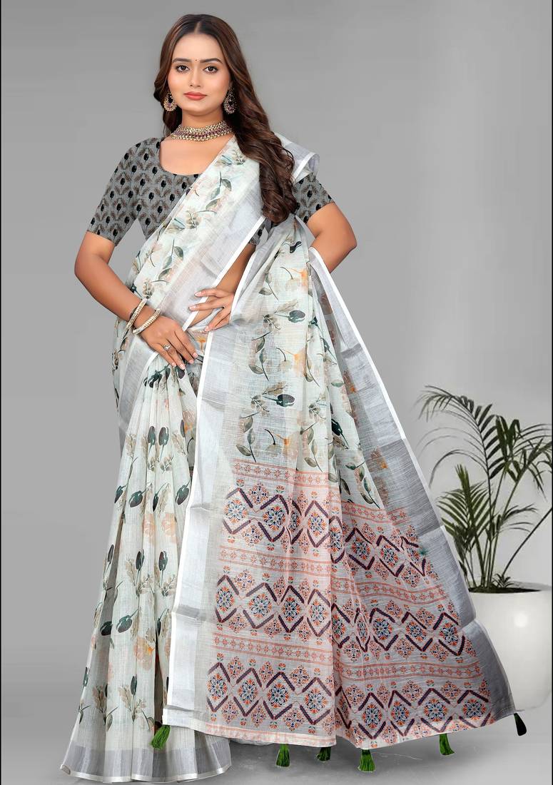 off white  linen  digital print saree (white)