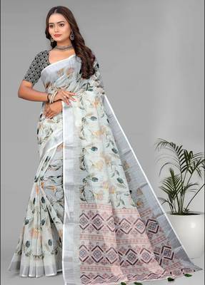 off white  linen  digital print saree (white) 3
