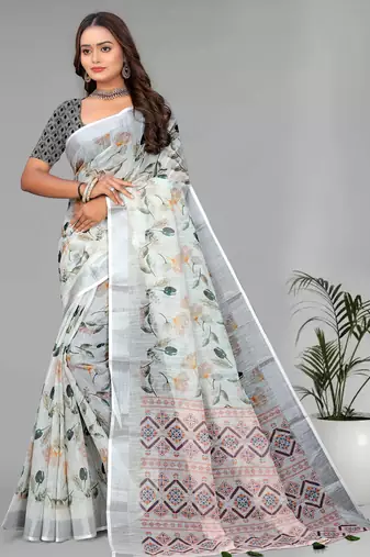 off white  linen  digital print saree (white)