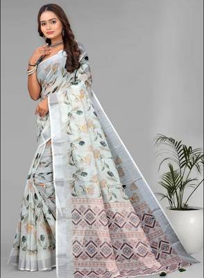 off white  linen  digital print saree (white) 4
