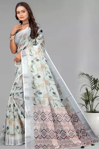 off white  linen  digital print saree (white)