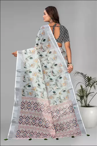 off white  linen  digital print saree (white)
