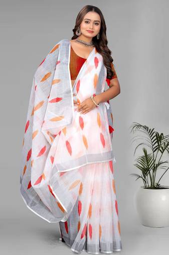 white  linen  digital print saree (white)