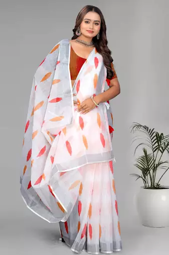 white  linen  digital print saree (white)