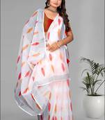 white  linen  digital print saree (white)