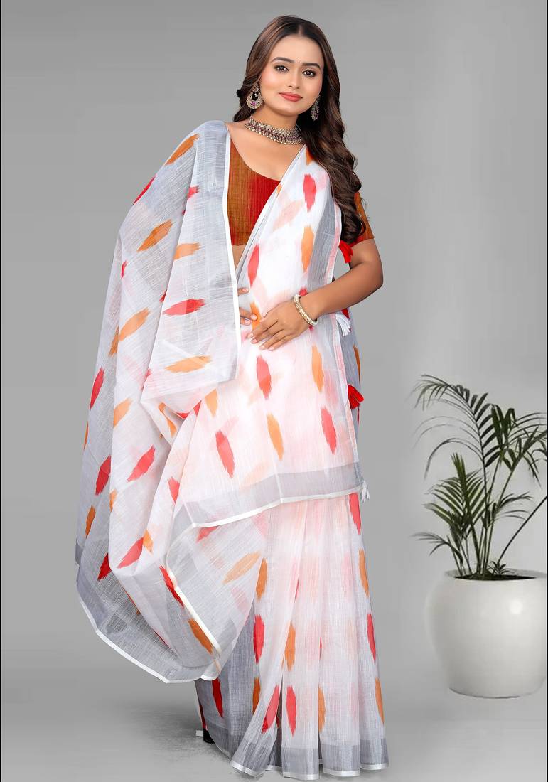 white  linen  digital print saree (white)