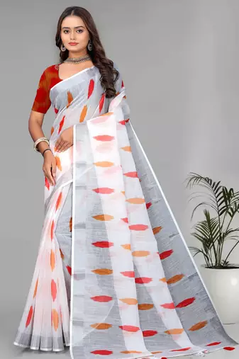 white  linen  digital print saree (white)