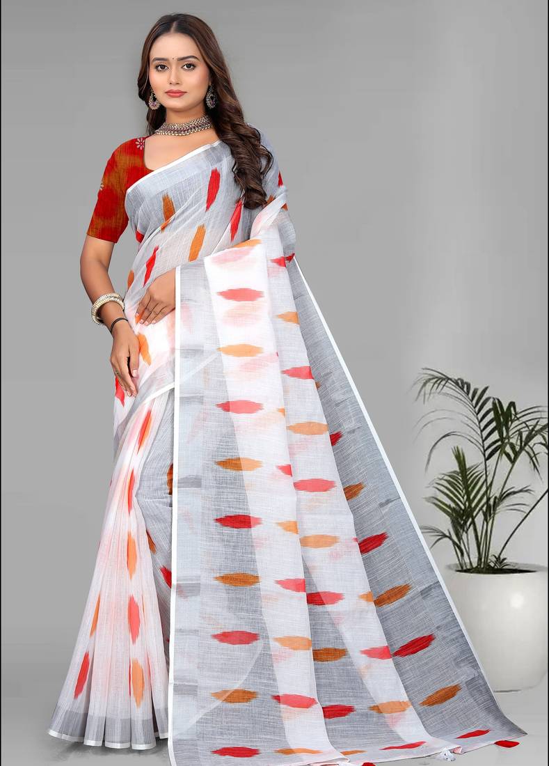 white  linen  digital print saree (white)