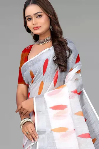 white  linen  digital print saree (white)
