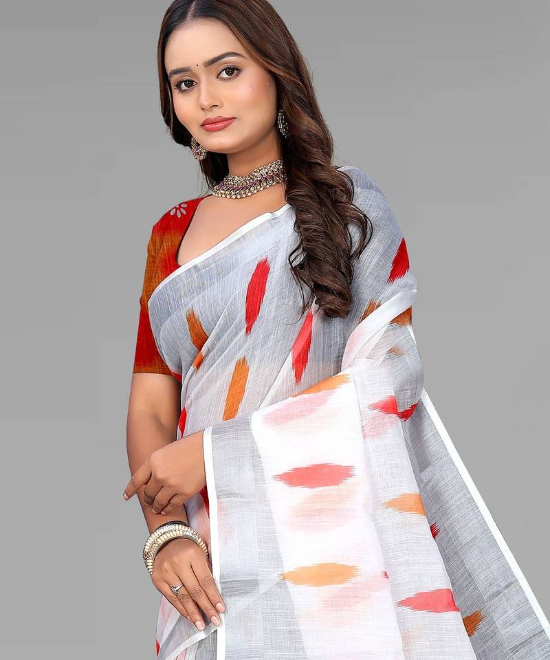white  linen  digital print saree (white)