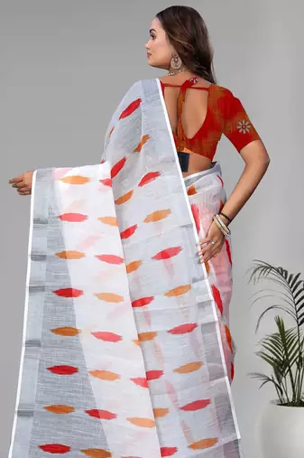 white  linen  digital print saree (white)