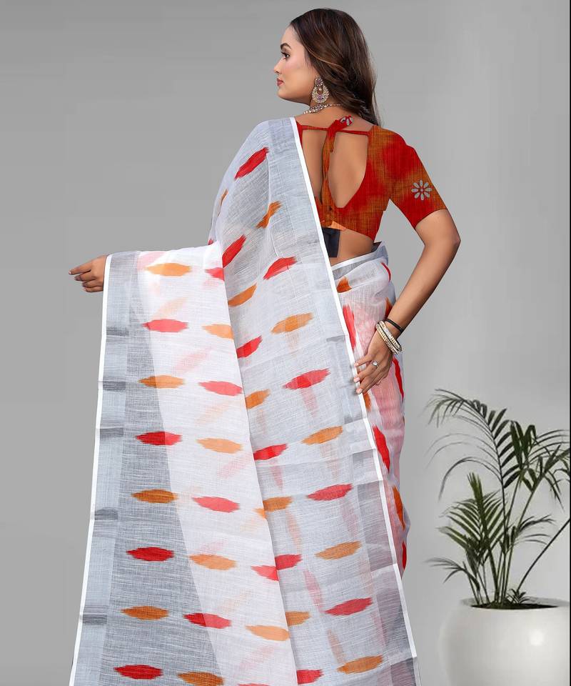 white  linen  digital print saree (white)