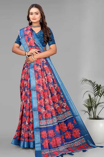 blue linen  digital print saree (multi)