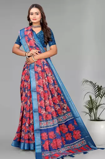 blue linen  digital print saree (multi)