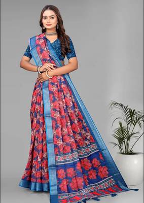 blue linen  digital print saree (multi) 2