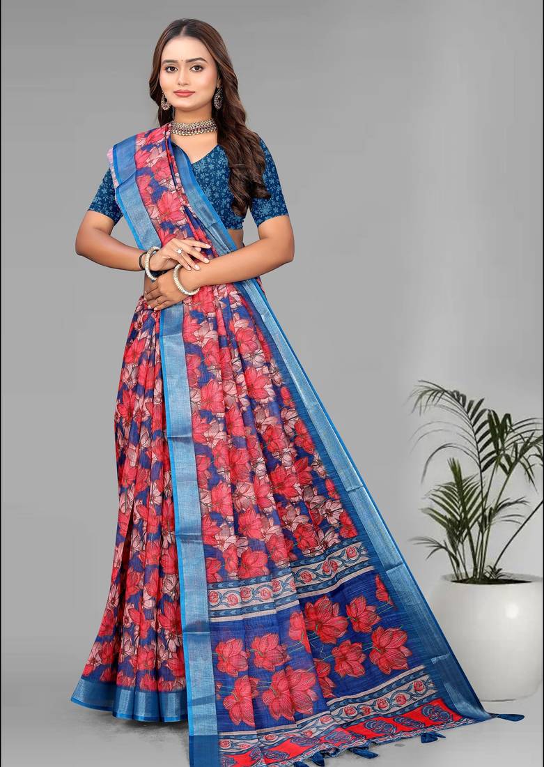 blue linen  digital print saree (multi)