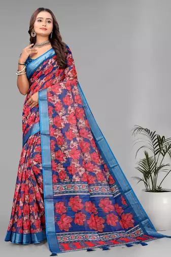blue linen  digital print saree (multi)