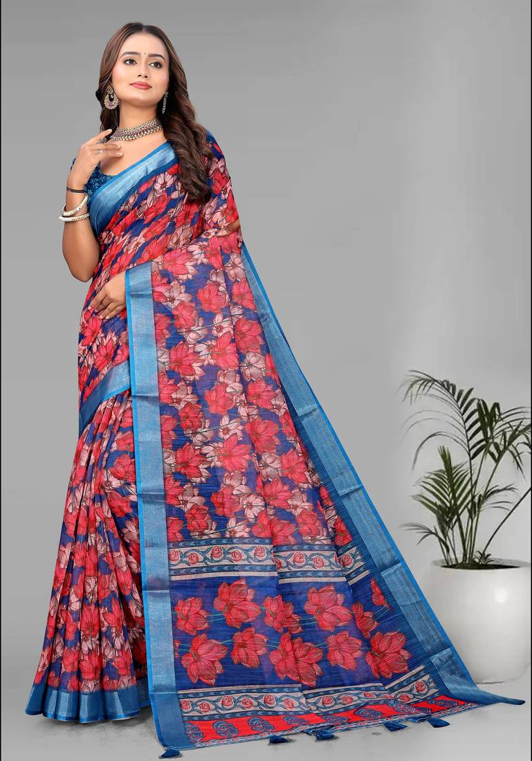 blue linen  digital print saree (multi)