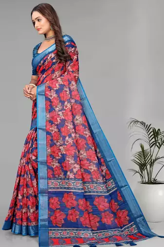 blue linen  digital print saree (multi)