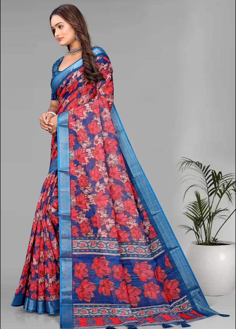 blue linen  digital print saree (multi)