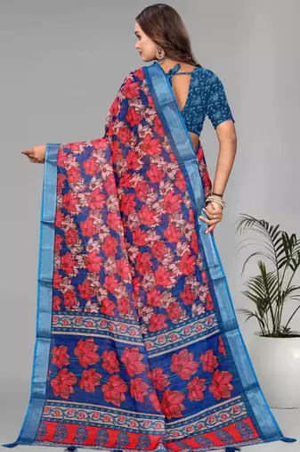 blue linen  digital print saree (multi)