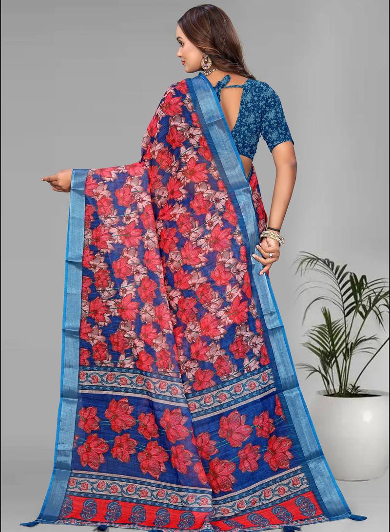 blue linen  digital print saree (multi)