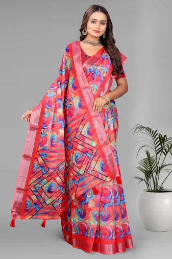 pink linen  digital print saree (multi)