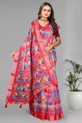 pink linen  digital print saree (multi)